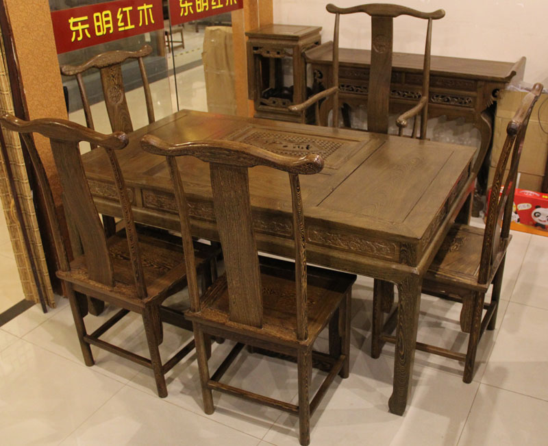东明红木家具 中式古典 餐厅/客厅 餐桌椅 茶桌/茶台+官帽椅5把 鸡翅木 红木家具