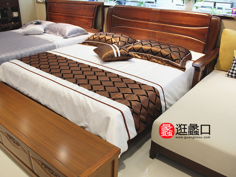 恒耀家私新中式卧室实木双人大床/床头柜