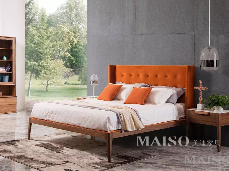 美迪家具·意美系列意式现代极简卧室胡桃木实木双人床DB-1601A/床头柜