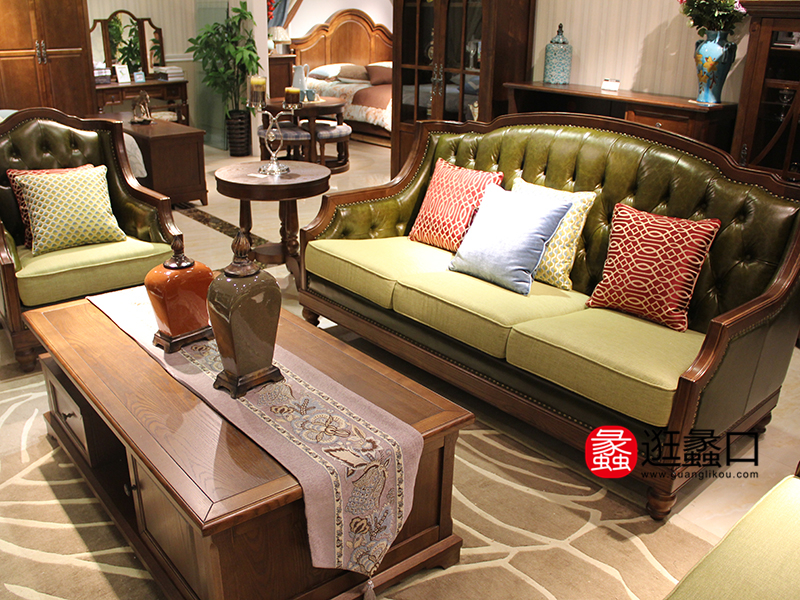亚美利亚家具美式客厅实木真皮单人位+三人位沙发组合/茶几