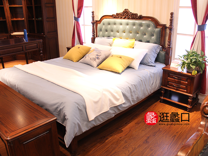 马尚家具美式卧室实木双人大床/床头柜