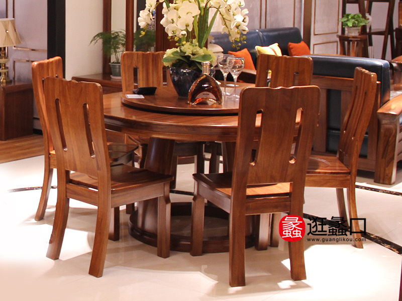 基信生活中式古典餐厅实木圆餐桌椅带转盘