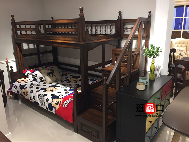 舒舍家具美式卧室儿童床实木母子上下床带扶梯
