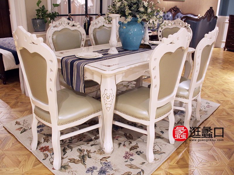 乌金·爵士家具美式餐厅白色实木餐桌椅（一桌六椅）