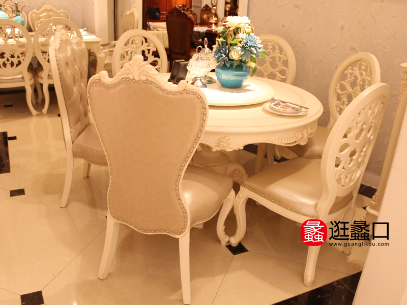 宫爵一号家具欧式白色餐厅实木圆餐桌椅带转盘/餐椅