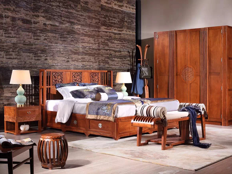 和禾新中式家具新中式 苏作卧室红木家具刺猬紫檀双人床/床头柜