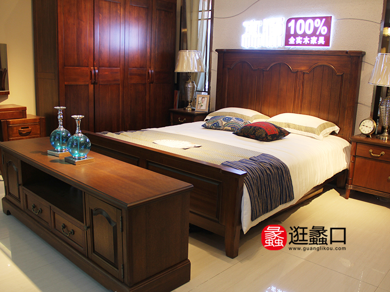 皇朝家私家具美式卧室全实木双人大床/床头柜/电视柜