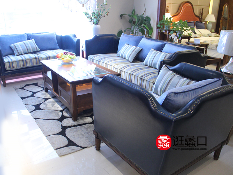 皇朝家私家具美式客厅双人位+三人位+单人位沙发组合/茶几