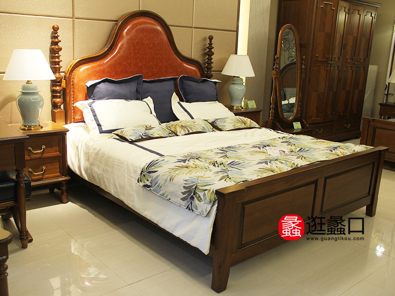 皇朝家私家具美式卧室实木皮艺软靠大床/床头柜