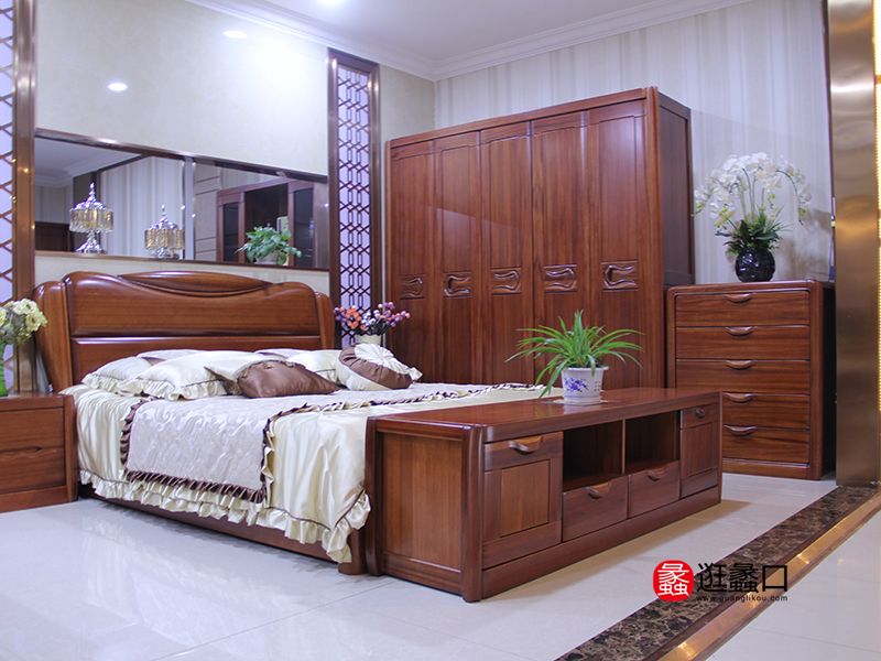 华庭家私现代中式卧室实木双人床/床头柜