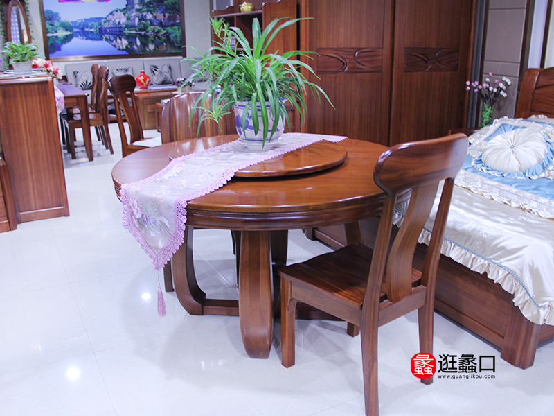 华庭家私现代中式餐厅实木圆餐桌椅(一桌六椅）
