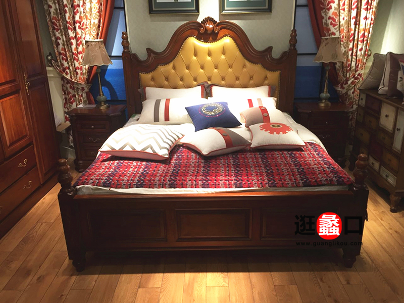 美岸纯美家具欧式卧室实木皮艺软靠大床/床头柜