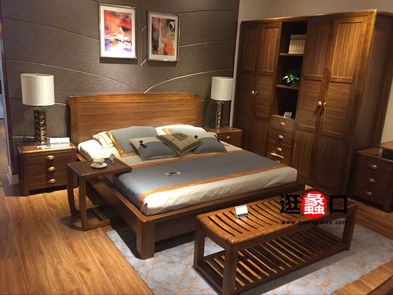 A家家居-金爵士新中式卧室实木床/床头柜/衣柜