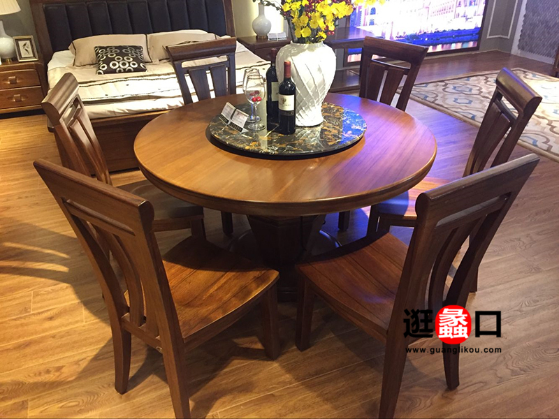 A家家居-木色天秀新中式餐厅实木圆餐桌椅/餐椅