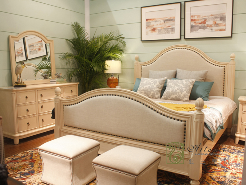 亚兰帝斯家具美式卧室实木W638白色床/W4202白色两门衣柜/W4226妆台