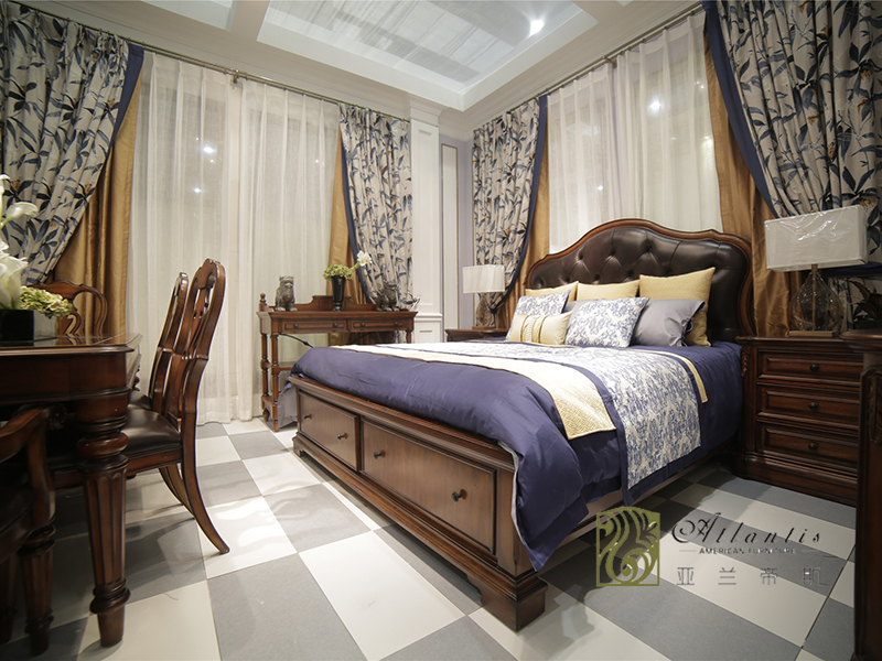 亚兰帝斯家具美式古典卧室鹅掌楸全实木W633 双人床/床头柜