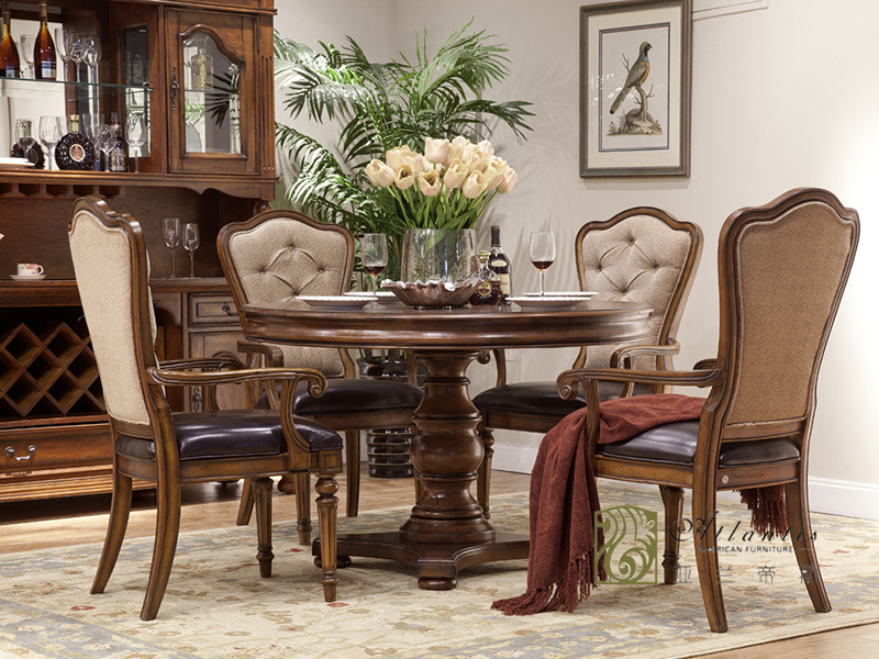 亚兰帝斯家具美式古典餐厅鹅掌楸实木C4601圆餐桌1.23米/餐桌椅