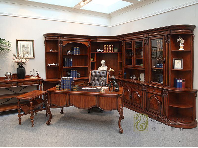 亚兰帝斯家具美式古典书房鹅掌楸实木S3241组合转角书柜/书桌椅/老板椅/置物柜