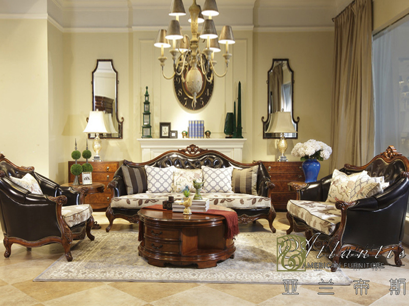亚兰帝斯家具美式古典客厅鹅掌楸实木三人位/双人位K4705沙发/茶几