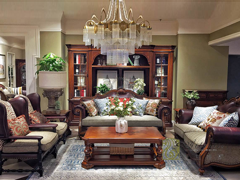 亚兰帝斯家具美式古典客厅鹅掌楸实木双人位/三人位/单人位K3702-D沙发/茶几/置物柜