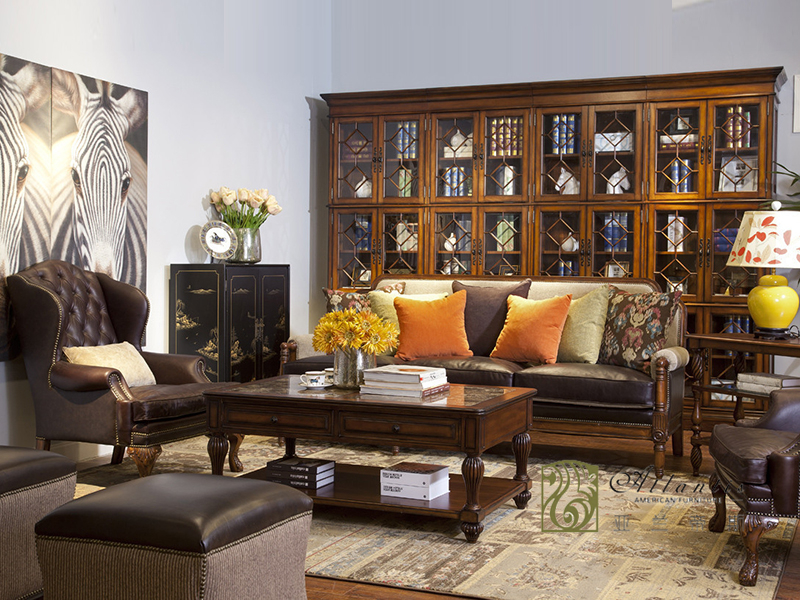 亚兰帝斯家具美式古典客厅鹅掌楸实木K4721混搭沙发/茶几/置物柜