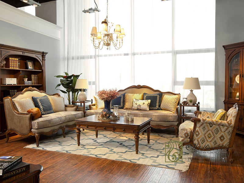 亚兰帝斯家具美式古典客厅鹅掌楸全实木水性漆双人位/三人位/单人位沙发组合/茶几
