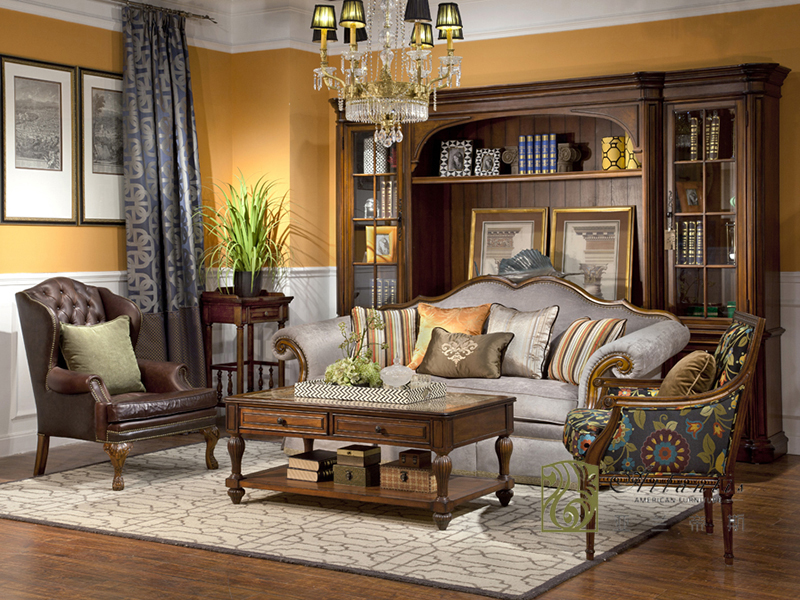 亚兰帝斯家具美式古典客厅鹅掌楸实木水性漆沙发 K4733-3/花架