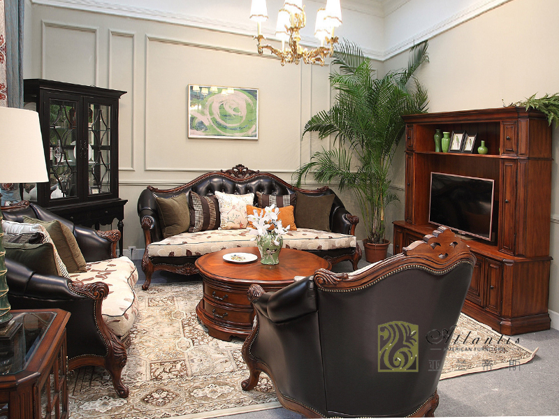 亚兰帝斯家具美式古典客厅鹅掌楸全实木水性漆三人位/双人位/单人位沙发/电视柜