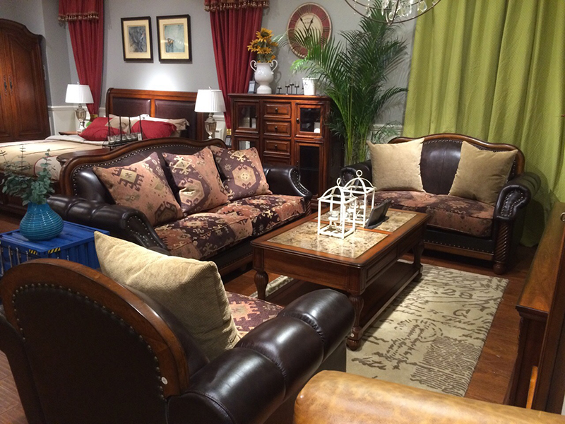 亚兰帝斯家具美式古典客厅鹅掌楸全实木水性漆双人位/三人位K3718沙发（一面皮一面布抱枕）