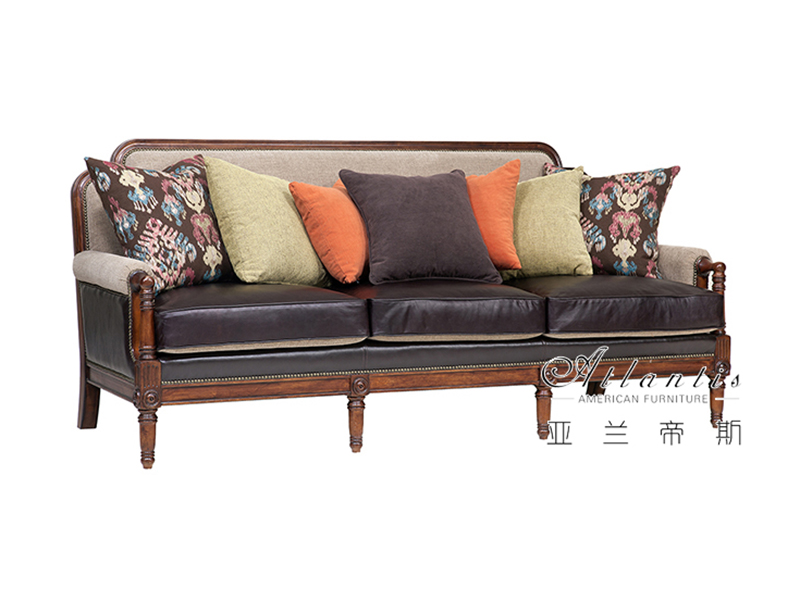 亚兰帝斯家具美式古典客厅鹅掌楸全实木水性漆K4721三人位沙发/休闲椅