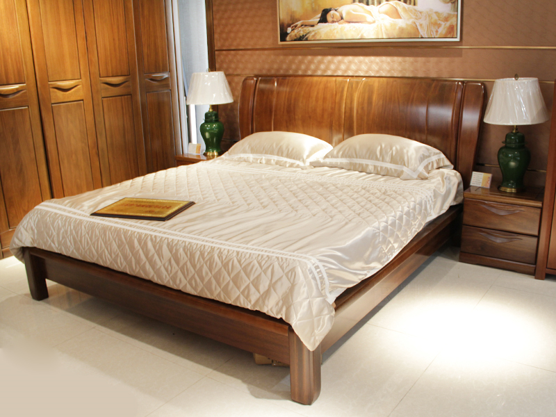 罗菲尔家具现代中式卧室金丝檀木实木双人床CF05/床头柜