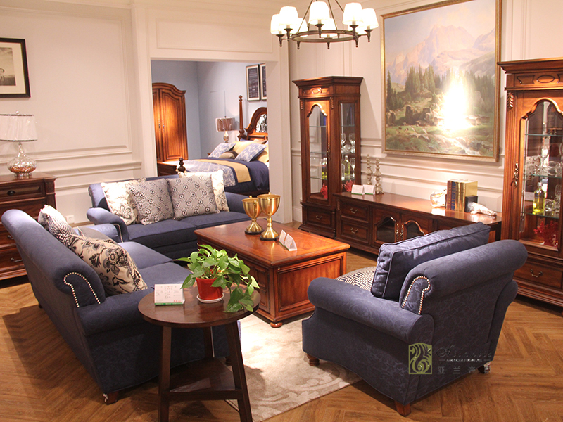亚兰帝斯家具美式古典客厅鹅掌楸全实木水性漆双人位/三人位/单人位沙发组合/茶几