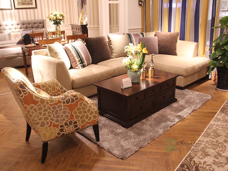 亚兰帝斯家具美式客厅鹅掌楸全实木水性漆浅色转角沙发组合/单人位沙发/茶几