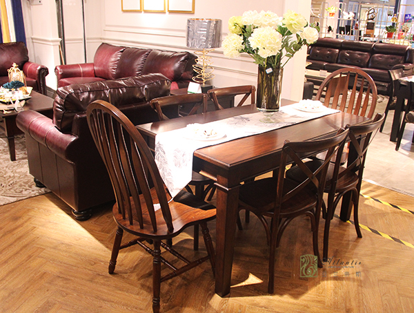 亚兰帝斯家具美式餐厅鹅掌楸全实木长餐桌（一桌六椅）