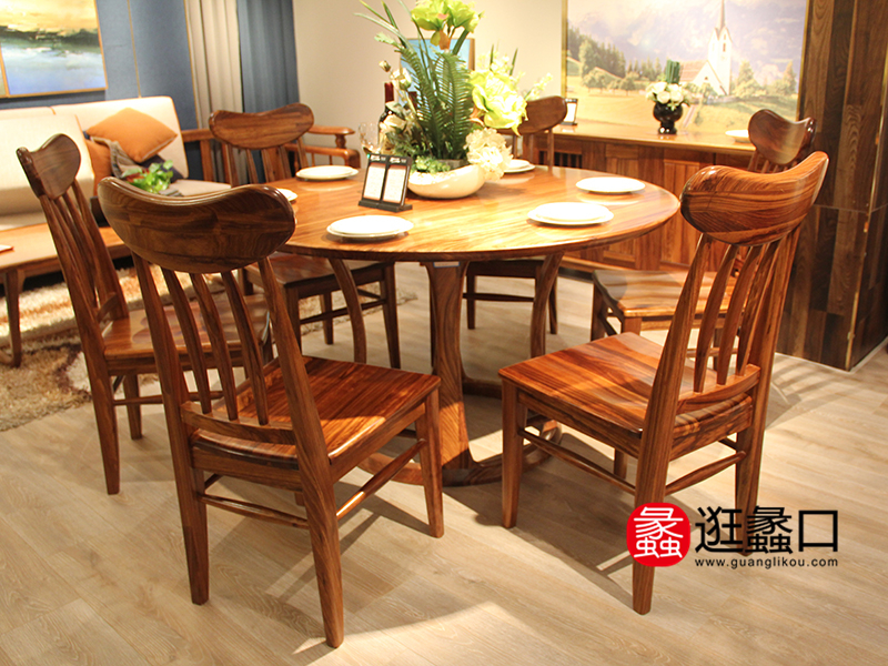 浩木家具新中式餐厅乌金木实木餐桌椅（一桌六椅）