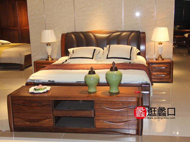 艺嘉聚家具中式卧室实木双人大床/床头柜/电视柜