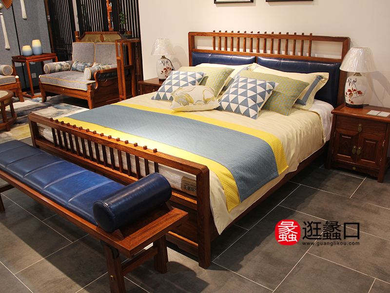 美檀·大观家具新中式卧室实木双人大床/床头柜/床尾凳