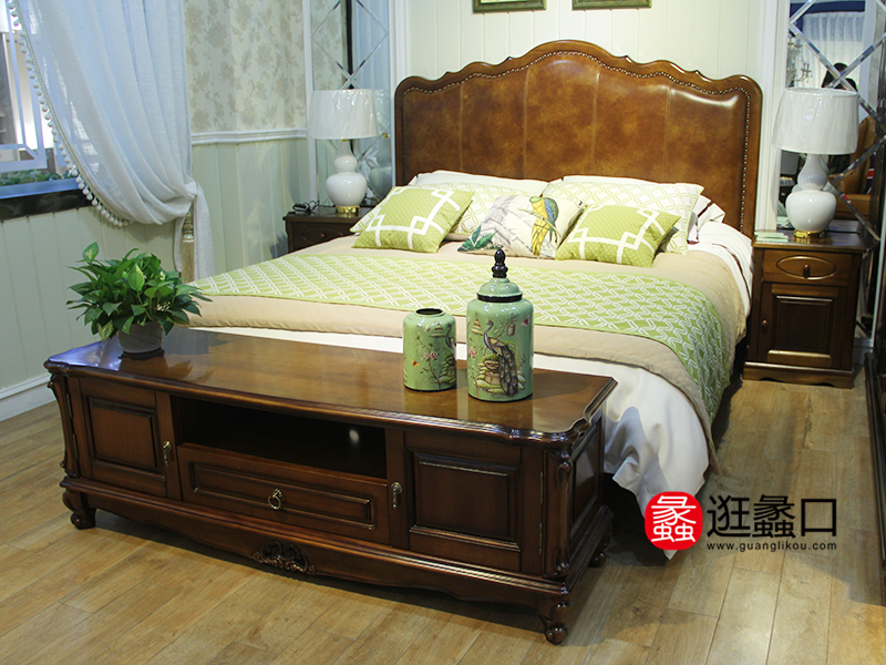 贵人缘·亚利桑那家具美式卧室实木真皮软包大床/床头柜