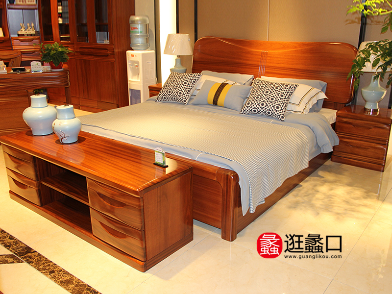 金丝檀韵家具中式卧室金丝檀木实木双人大床/床头柜