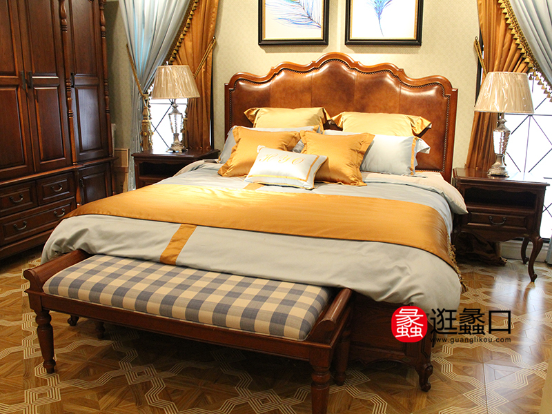 格林美墅家具美式卧室红橡木实木双人大床/床头柜/床尾凳/衣柜