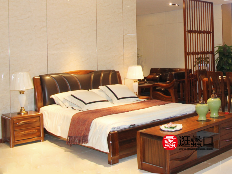 艺嘉聚家具中式卧室实木双人床/床头柜/电视柜