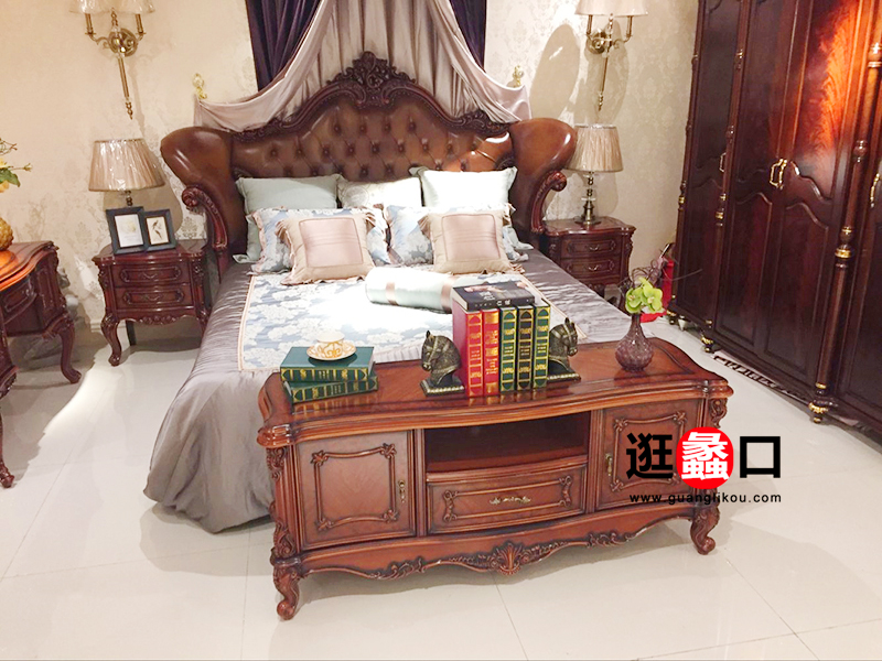 金奢家具欧式卧室实木真皮软靠大床/床头柜