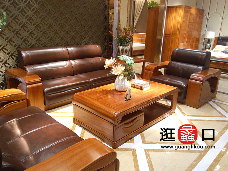 麒麟家居中式古典客厅实木沙发