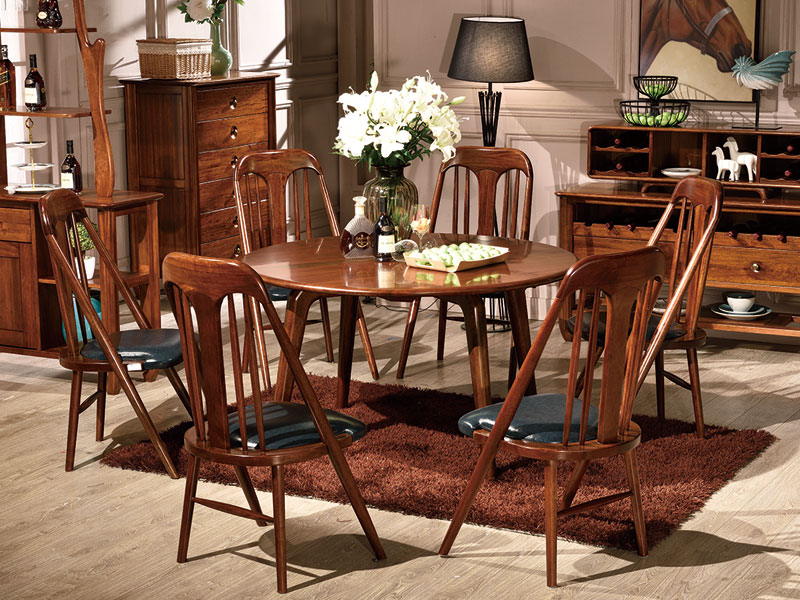木杩家具北欧风格餐厅家具实木圆形餐桌椅一桌六椅