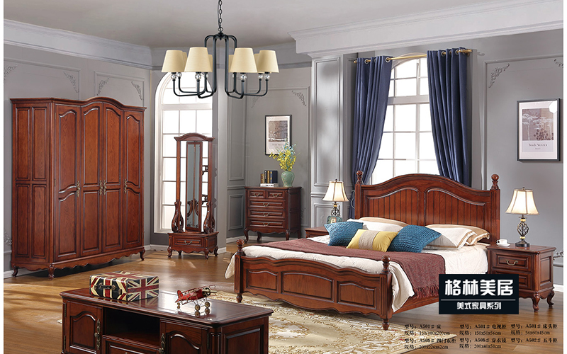 格林美居家具 美式卧室美国红橡木全实木床/电视柜/衣柜