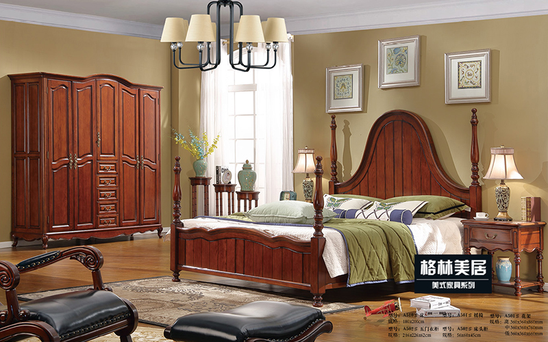 格林美居家具 美式卧室红橡木全实木双人大床/A502#五门衣柜