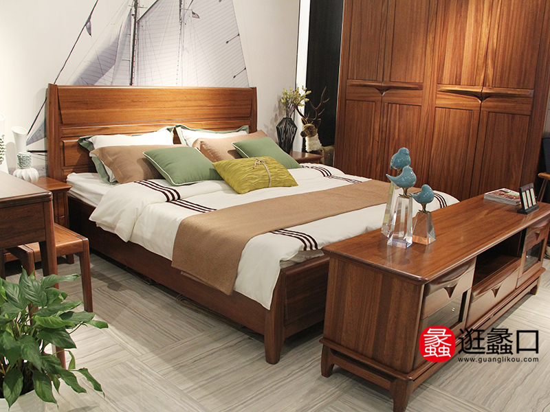 天雅居家具中式卧室实木双人大床/床头柜
