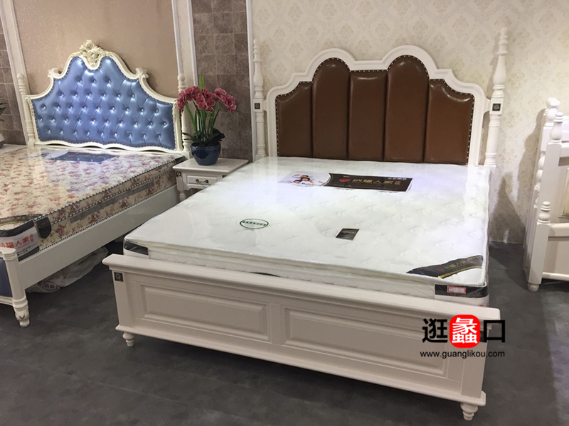 圣马家具美式卧室实木皮质软靠双人大床/床头柜