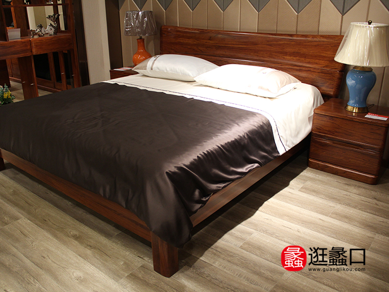 昌龍·尊翅家具现代中式卧室非洲红翅木实木双人床/床头柜