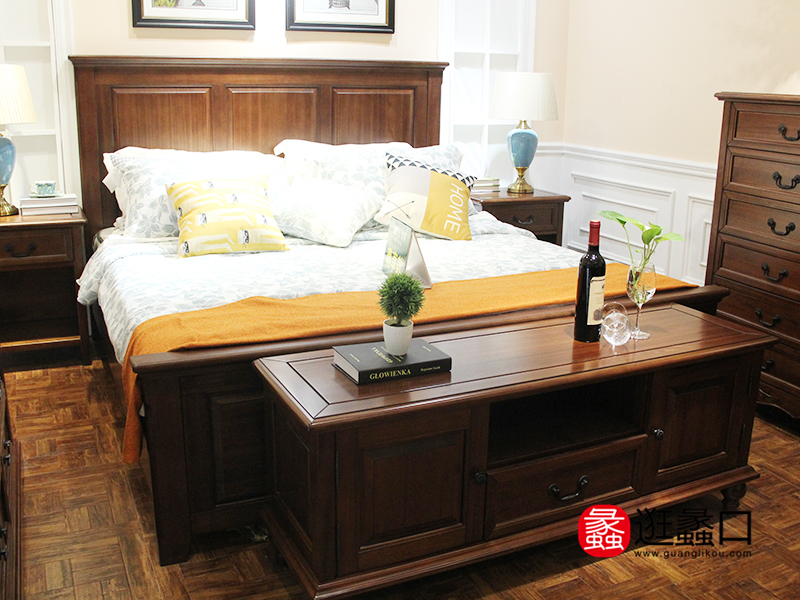 美巴特家具美式卧室实木双人大床/床头柜